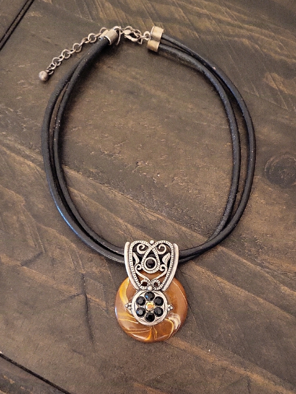 Vintage Chico's Black Cord, Embellished Medallion Choker Necklace